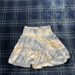 Surf Gypsy Light Yellow, blue, purple tie-dye Tiered Smocked Waist Mini Skirt. M